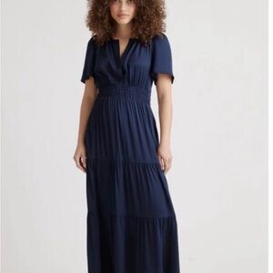 Quince Washable Silk Tiered Maxi Dress Navy XL Like New